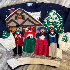 RARE Vintage Hand Knit Northern Isles christmas carolers Sweater L cotton blend